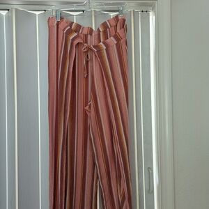 Susan Graver Striped Wide Leg Pants - Pink and Gold, Apron Wrap Around Sz LP